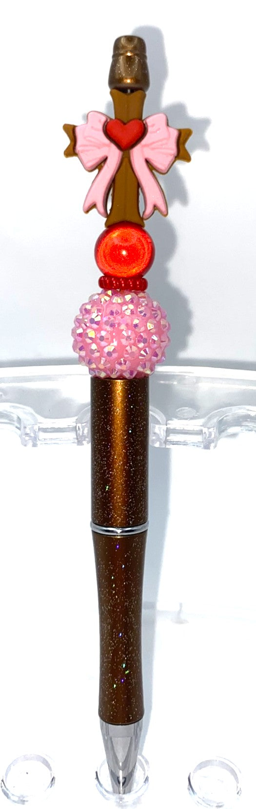Wooden Cross w/Pink Bow Beaded Pen