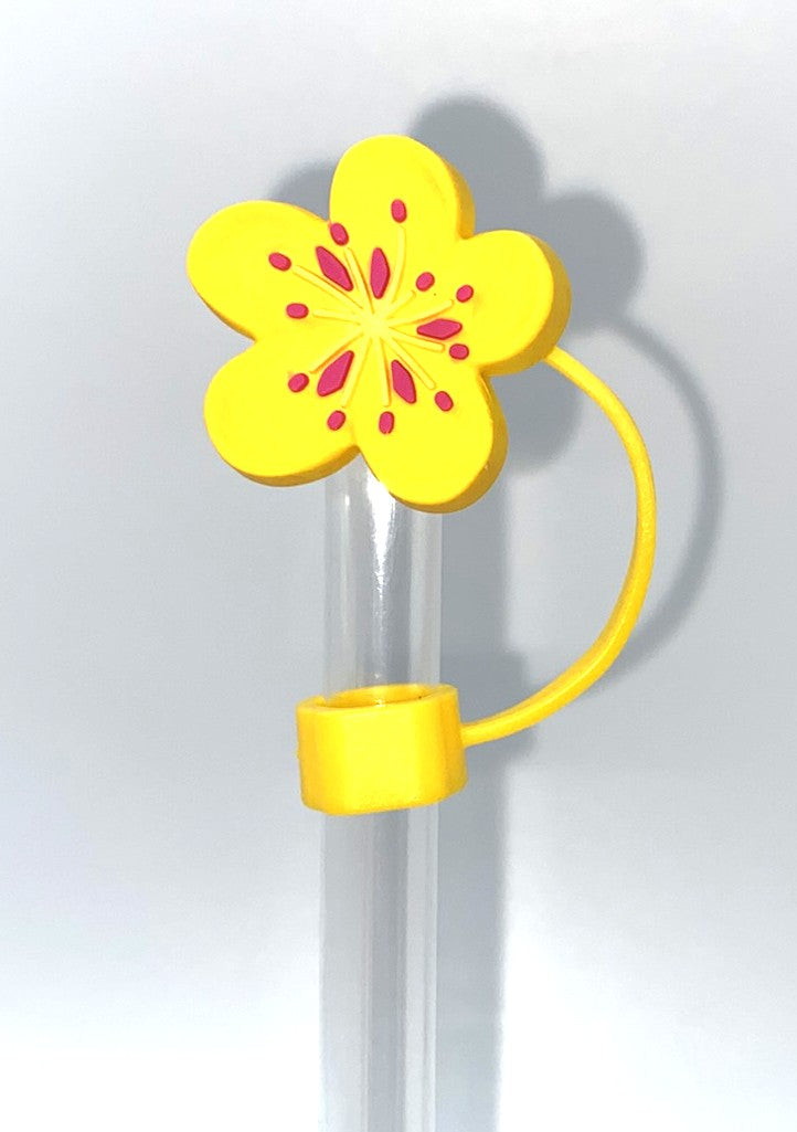 Yellow w/Pink Plumeria Flower 3D Straw Topper