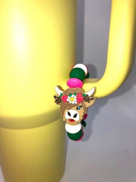 Highland Cow w/Flowers Stanley Tumbler Cup Handle Charm