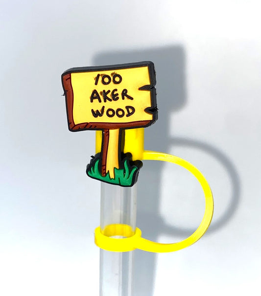 100 Acre Woods Sign Thoughtful Yellow Honey Bear Straw Topper