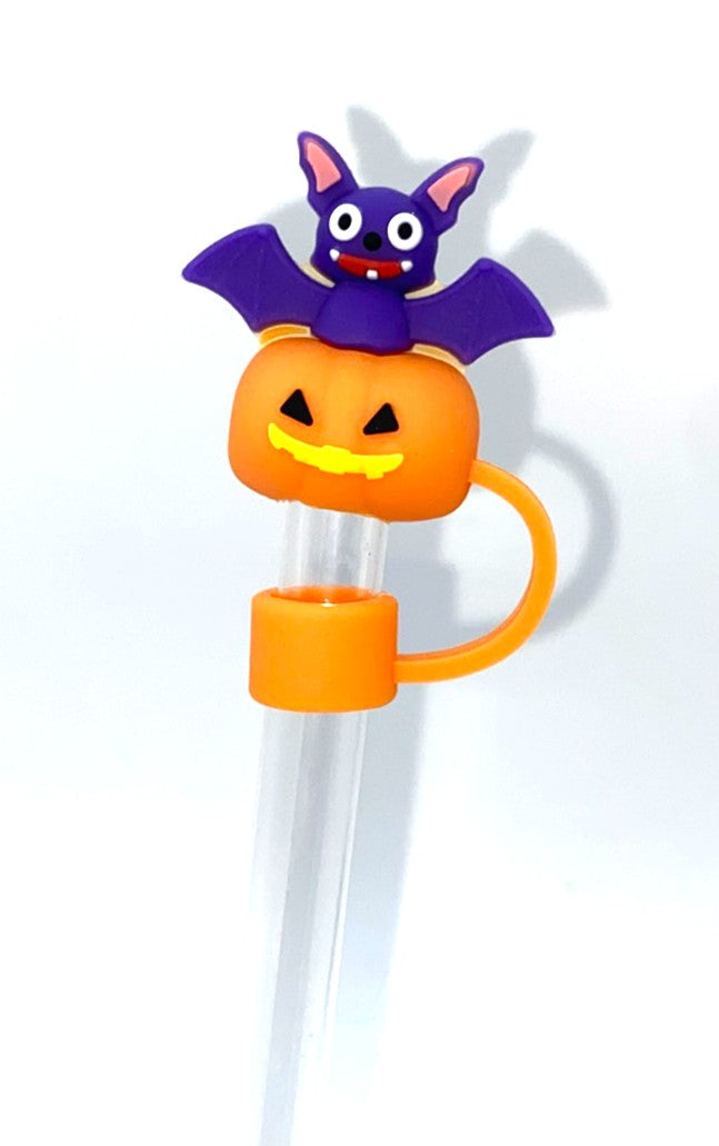 Black Bat coming on Jack O Lantern Halloween 3D Straw Topper
