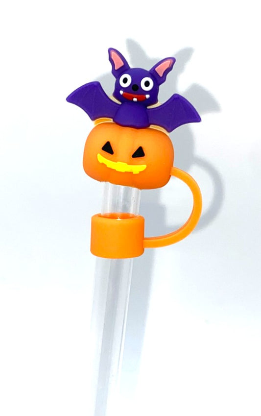 Black Bat coming on Jack O Lantern Halloween 3D Straw Topper