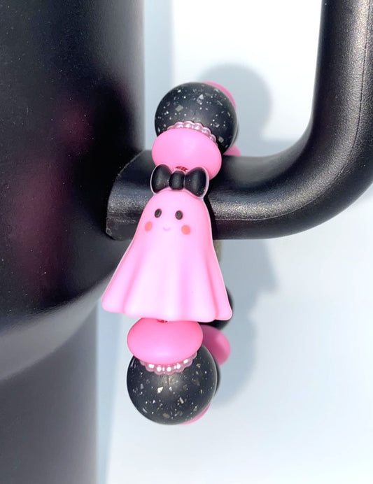 Pink Ghost w/Black Bow 3D Halloween Stanley Tumbler Cup Handle Charm