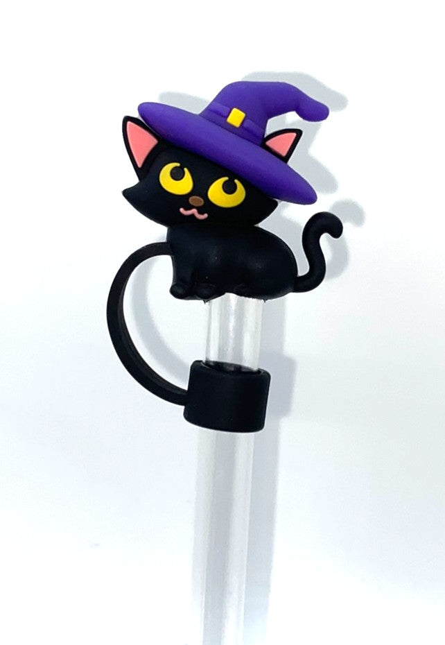 Black Cat w/Purple Witch Hat 3D Halloween Straw Topper