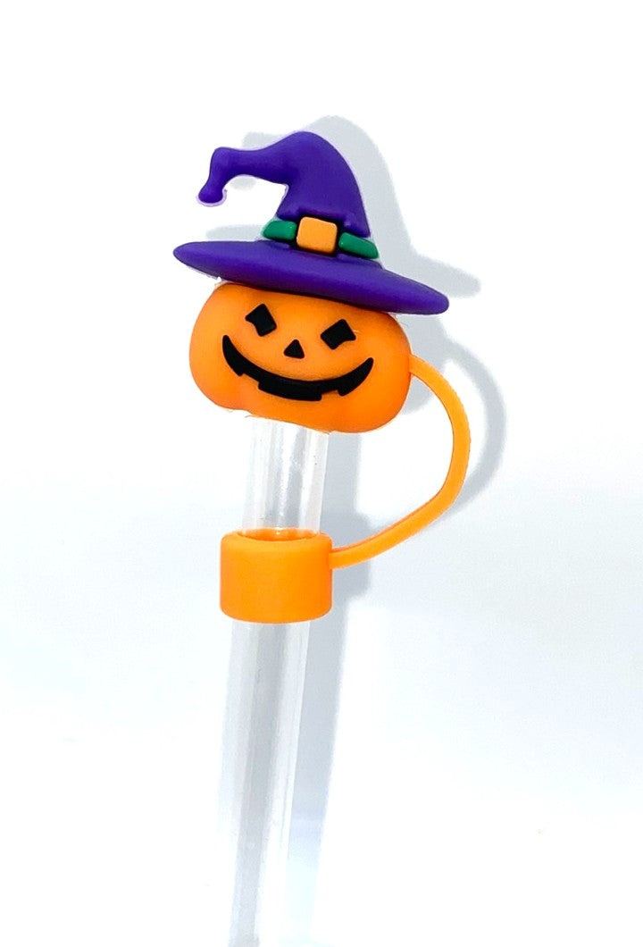 Jack O Lantern w/Purple Witch Hat 3D Halloween Straw Topper