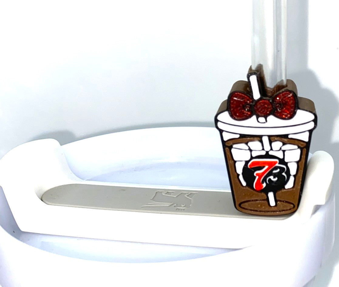7 Brew Iced Coffee w/Red Glitter Bow Straw Sitter