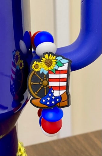 Patriotic Cowboy Boot w/Sunflowers and Wagon Wheel Stanley Tumbler Cup Handle Charm
