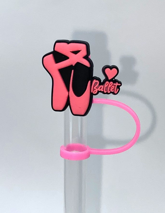 Pink Ballet Slippers w/Heart Straw Topper