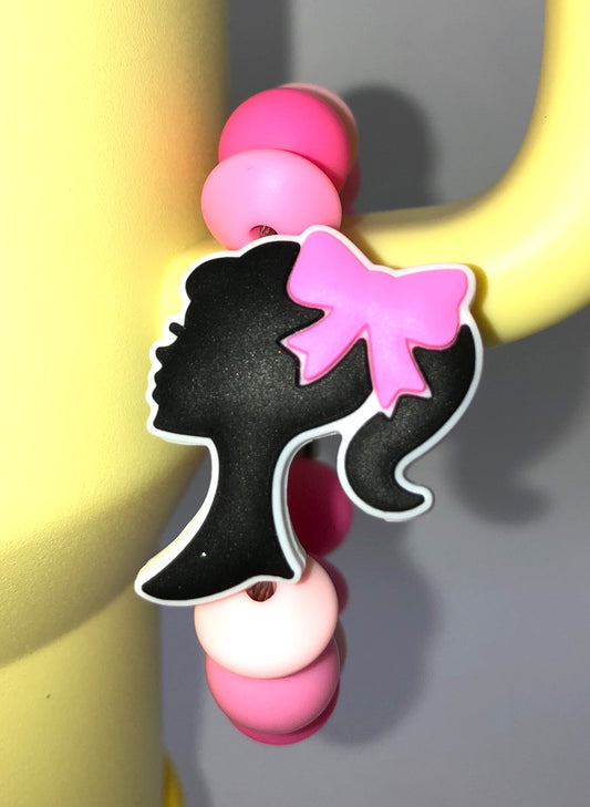 Pink Plastic Girl Doll Black Silhouette Stanley Tumbler Cup Handle Charm