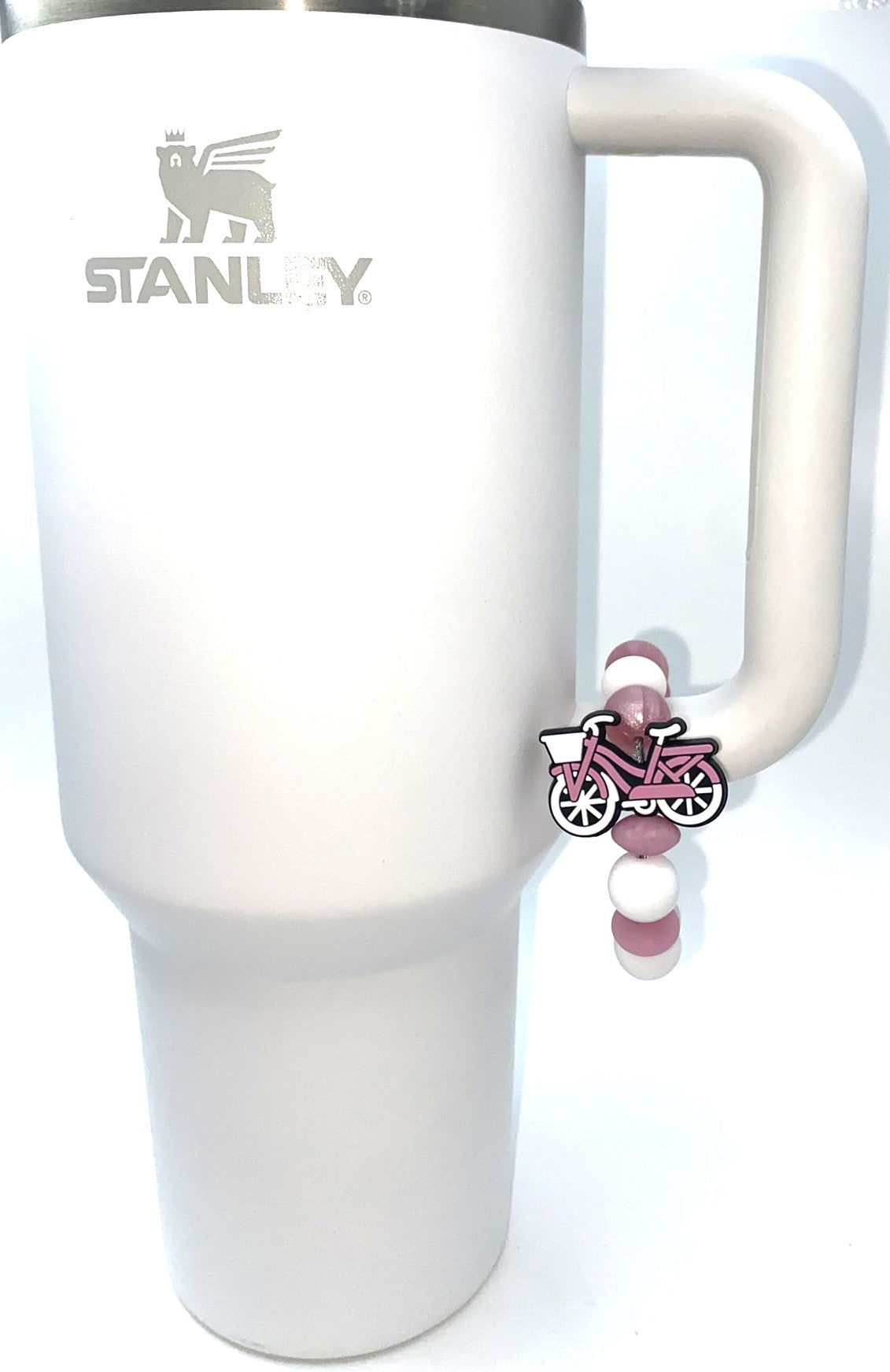 Pink Coral & White Bicycle Bike w/Basket Stanley Tumbler Cup Handle Charm