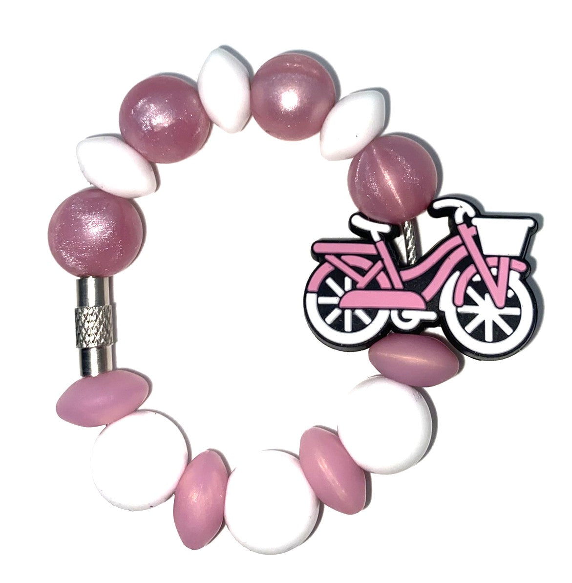 Pink Coral & White Bicycle Bike w/Basket Stanley Tumbler Cup Handle Charm