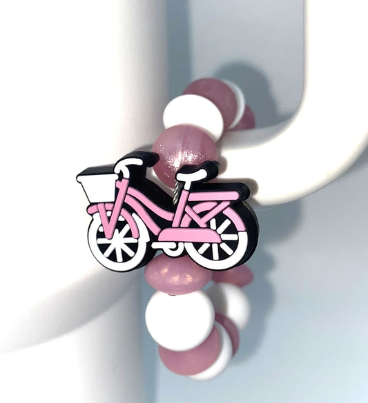 Pink Coral & White Bicycle Bike w/Basket Stanley Tumbler Cup Handle Charm