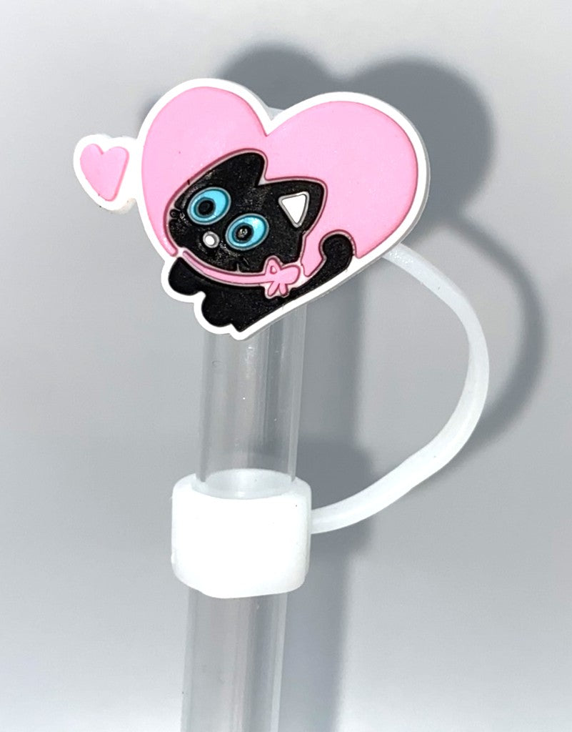 Black Kitty Cat in Pink Heart Straw Topper