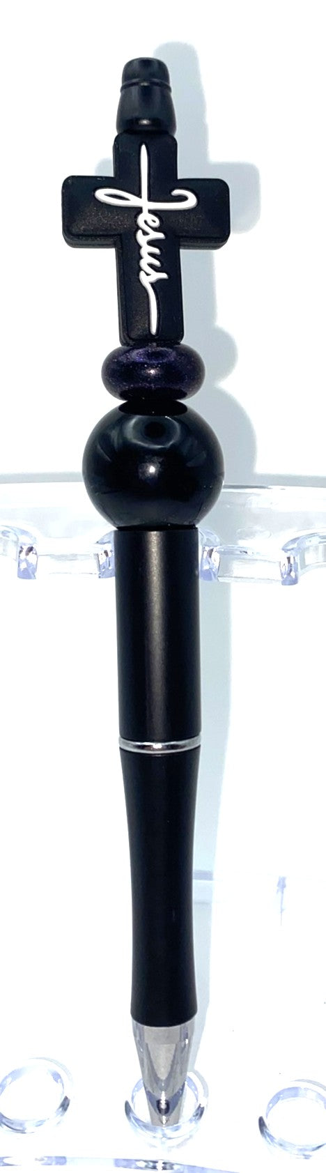 Black Cross w/White Jesus Name Beaded Pen