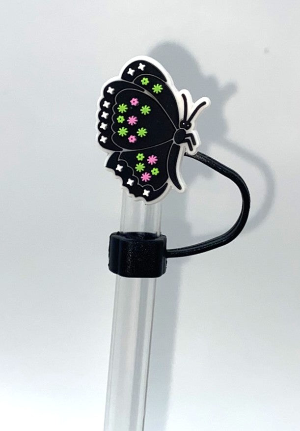 Black w/Pink & Green Flowers Butterfly Straw Topper