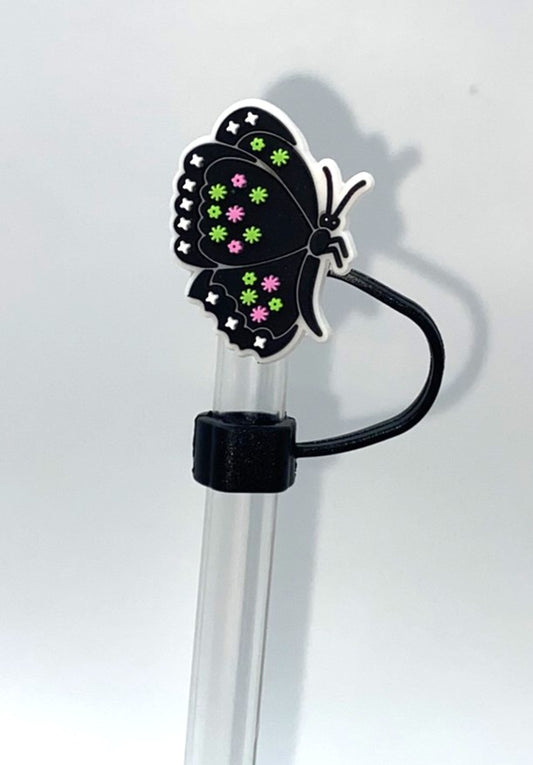 Black w/Pink & Green Flowers Butterfly Straw Topper