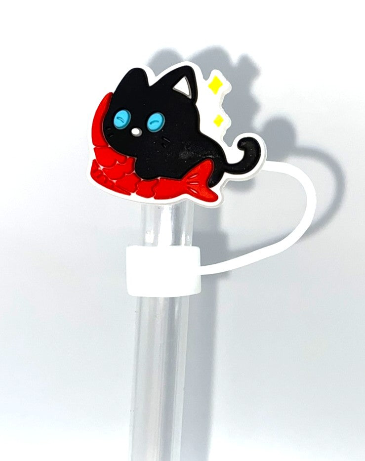 Black Kitty Cat Hugging Red Fish Straw Topper