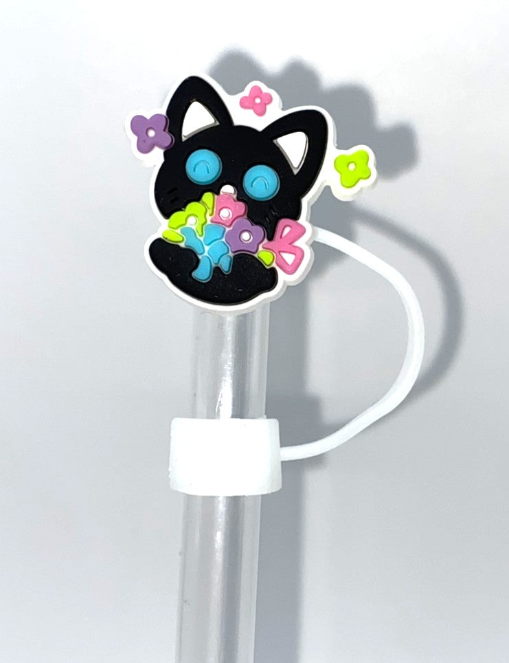 Black Kitty Cat Smelling Flowers Straw Topper