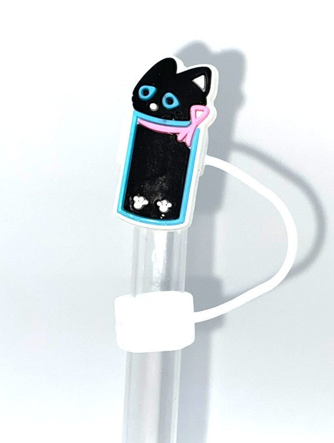 Black Kitty Stuck In Glass Straw Topper