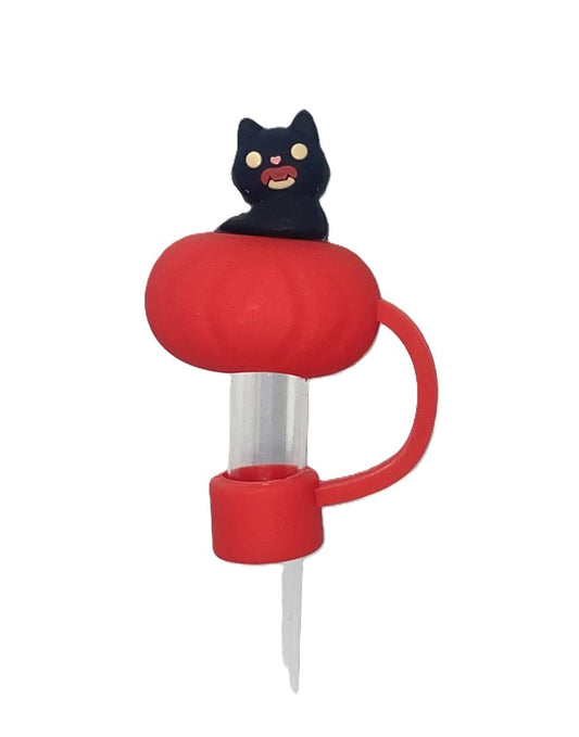 Black Cat In Red Pumpkin 3D Straw Topper