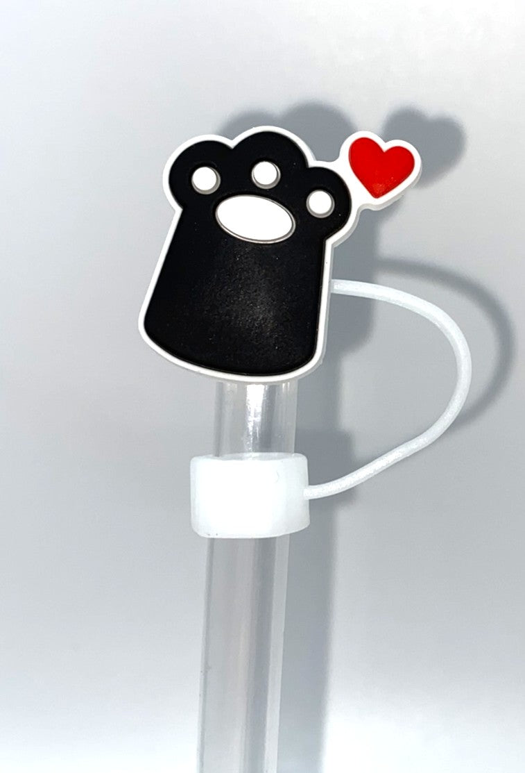 Black Kitty Cat Paw w/Heart Straw Topper