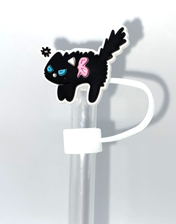 Black Kitty Cat Puffed Up Straw Topper