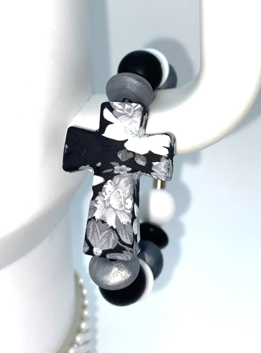 Black Floral Cross Stanley Tumbler Cup Handle Charm