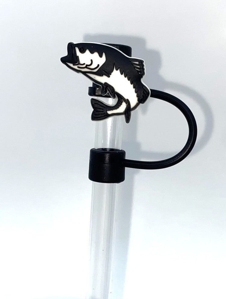 Black & White Large Mouth Bass Fish Straw Topper