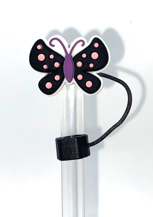 Black & Purple w/Pink Polka Dots Butterfly Straw Topper