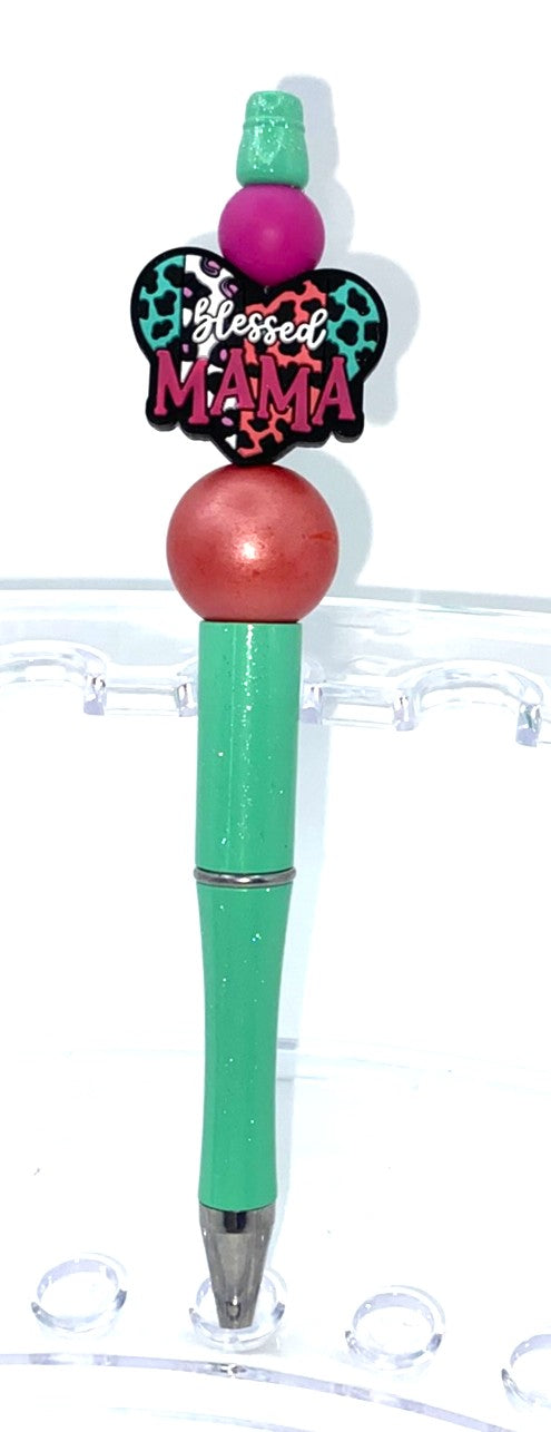 Blessed Mama Leopard Print Heart Beaded Pen