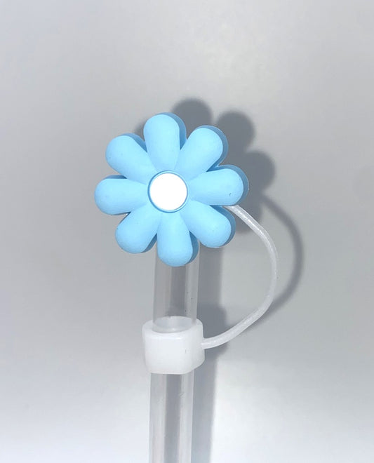 Blue Daisy Flower w/White Center Straw Topper