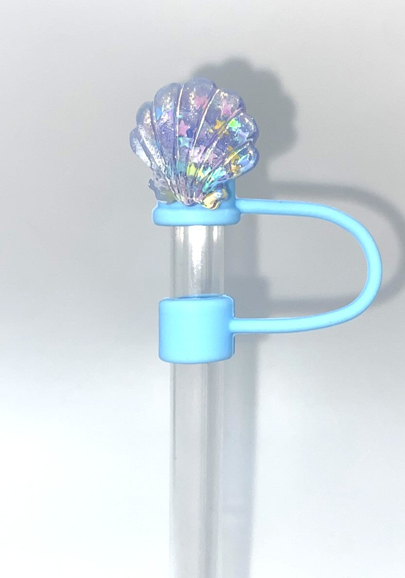 Light Blue Seashell Iridescent Glitter Straw Topper