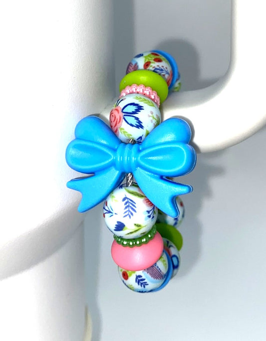 Blue Coquette Bow w/Floral Beads Stanley Tumbler Cup Handle Charm