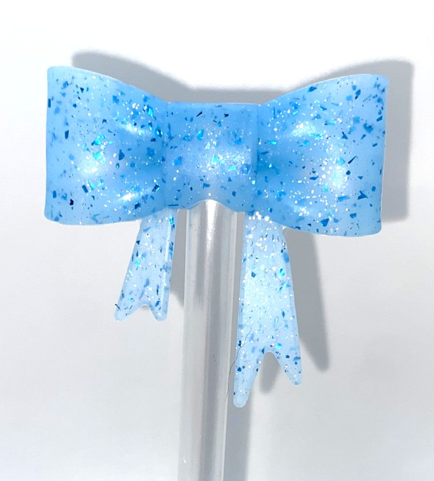 Blue Confetti Glitter Bow Straw Topper