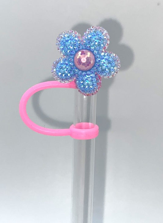 Blue Glitter Daisy Flower Resin Straw Topper