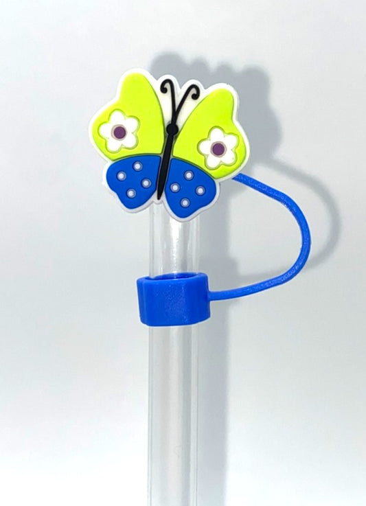 Blue & Lime Green w/Flowers Butterfly Straw Topper