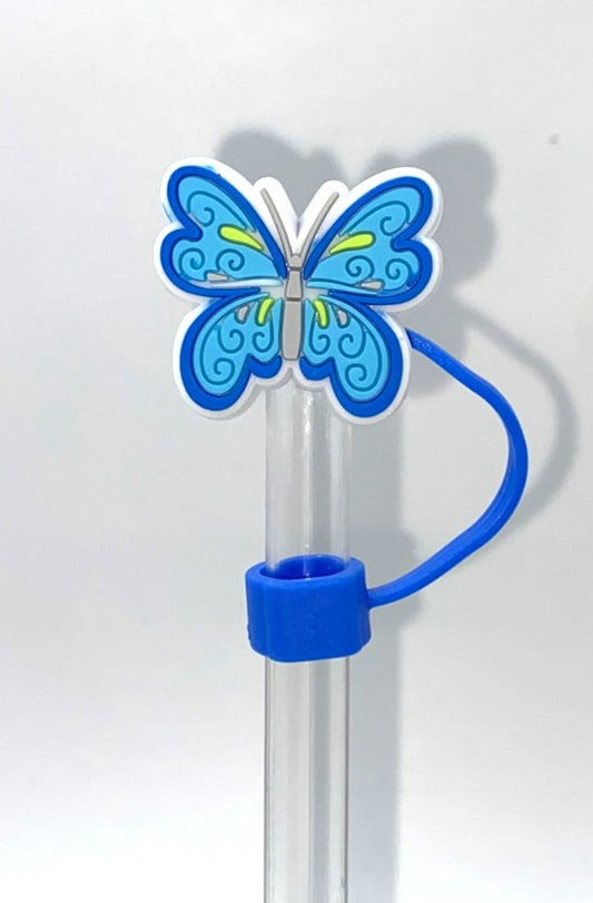 Blue & Lime Green Swirls Butterfly Straw Topper