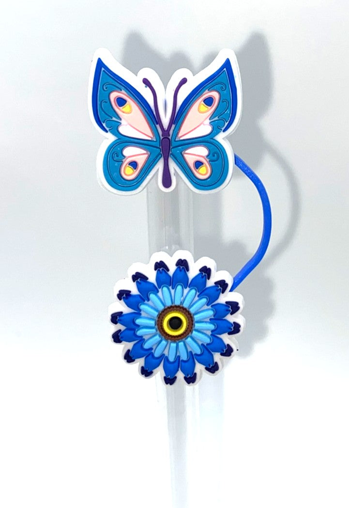 Blue & Pink Butterfly and Blue Flower Straw Topper