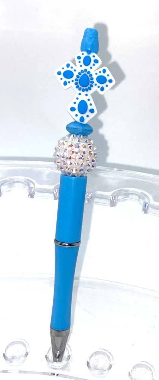 White & Blue Concho Cross Beaded Pen
