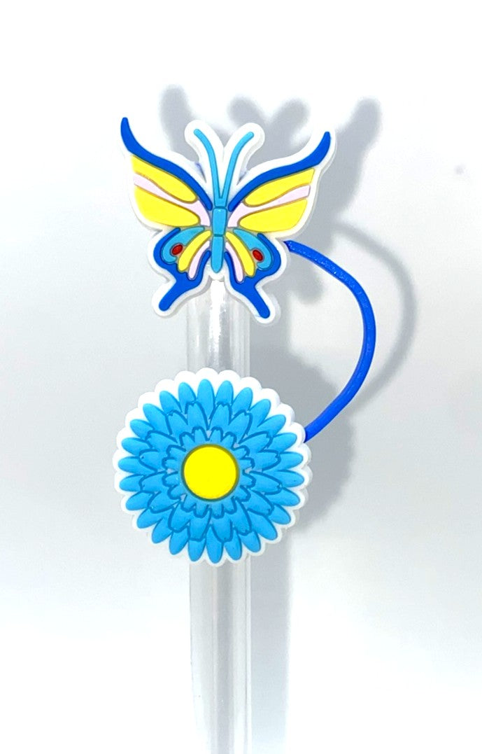 Blue & Yellow Butterfly and Blue Flower Straw Topper