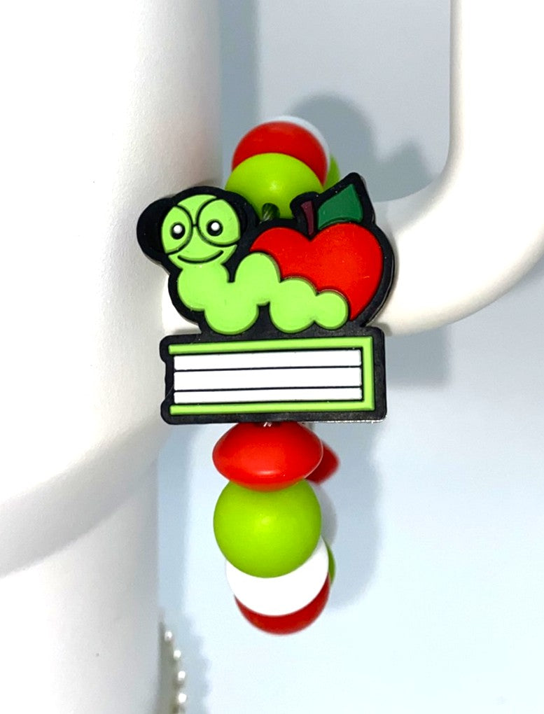 Bookworm w/Apple on Books Stanley Tumbler Cup Handle Charm