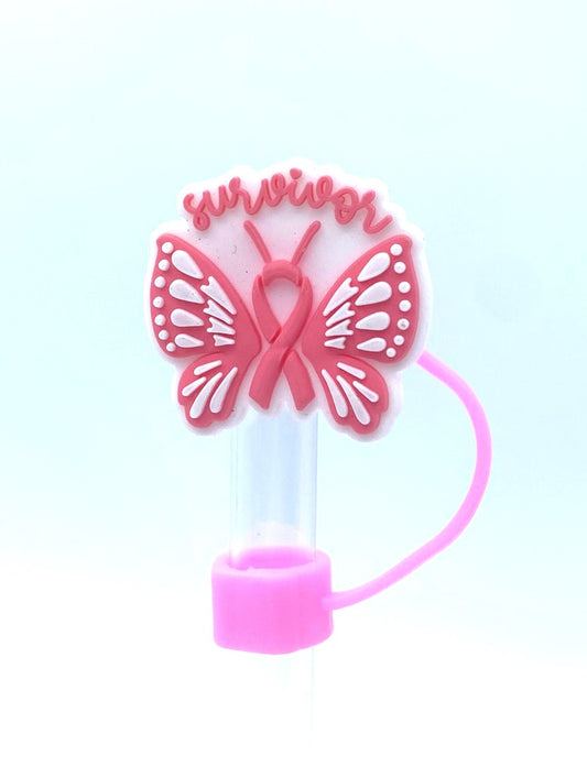 Pink Ribbon Breast Cancer Butterfly Straw Topper