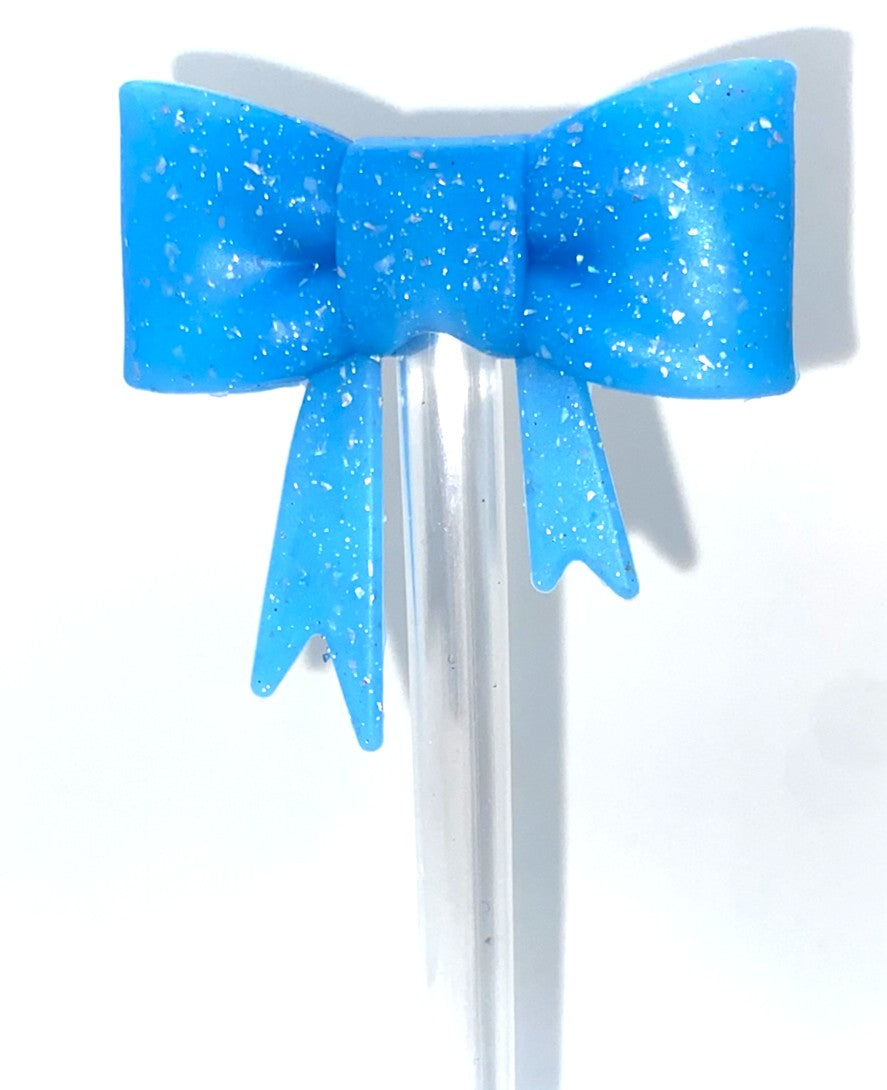 Bright Blue Confetti Glitter Bow Straw Topper