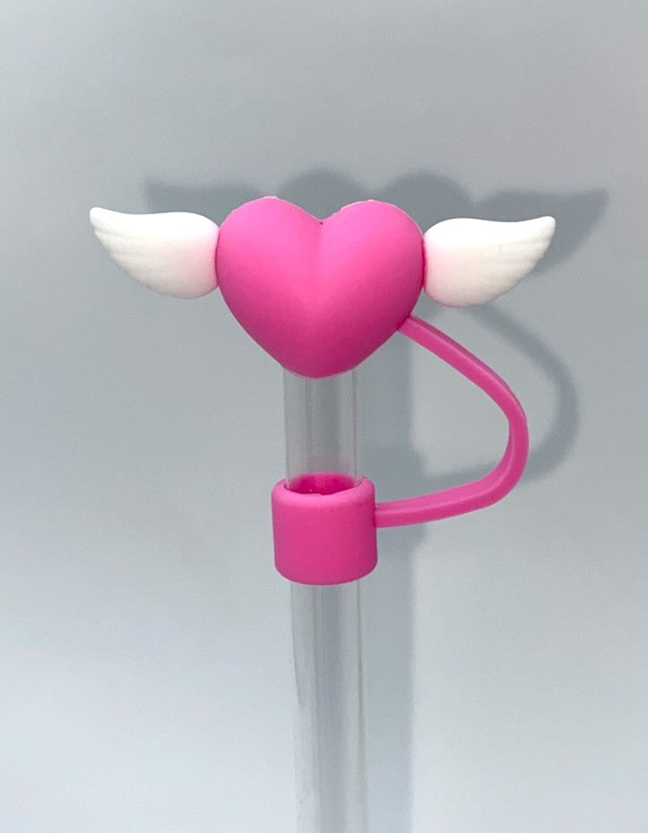 Bright Pink Heart w/Wings 3D Straw Topper