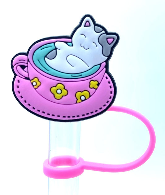 Kitty Cat In Tea Cup Straw Topper