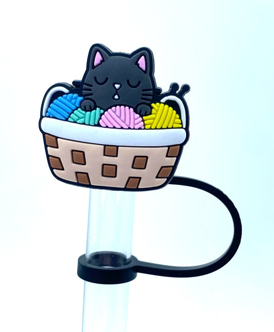 Kitty Cat In Yarn Basket Straw Topper