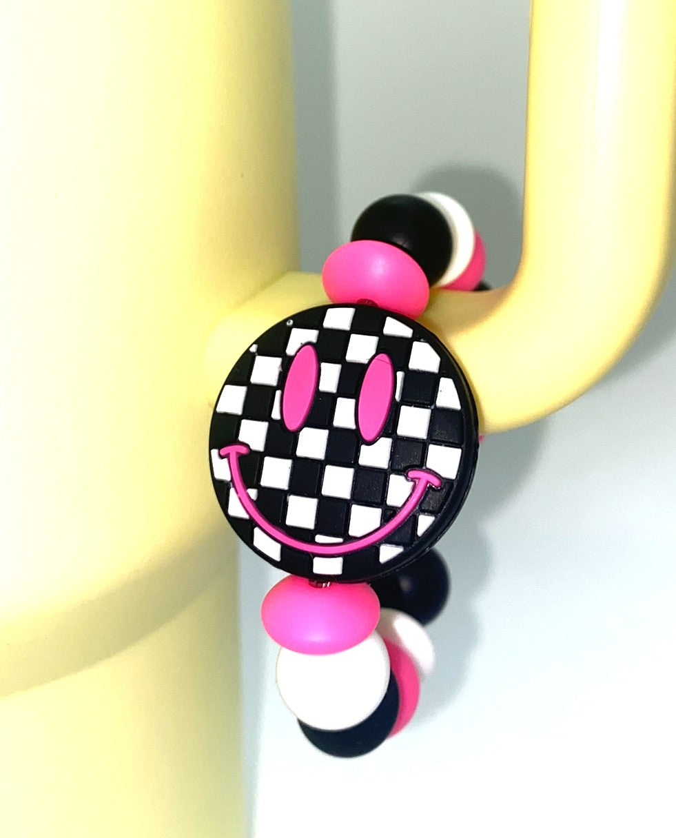 Checkered Smiley Face Stanley Tumbler Cup Handle Charm