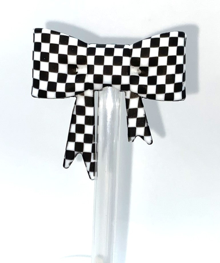 Checkered Black & White Bow Straw Topper