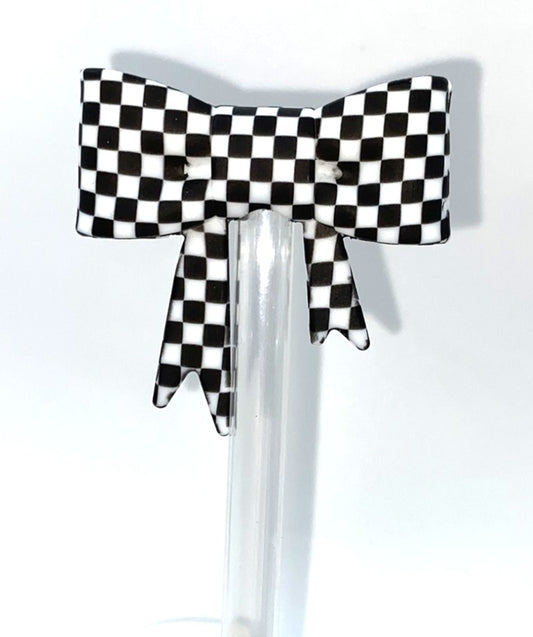 Checkered Black & White Bow Straw Topper