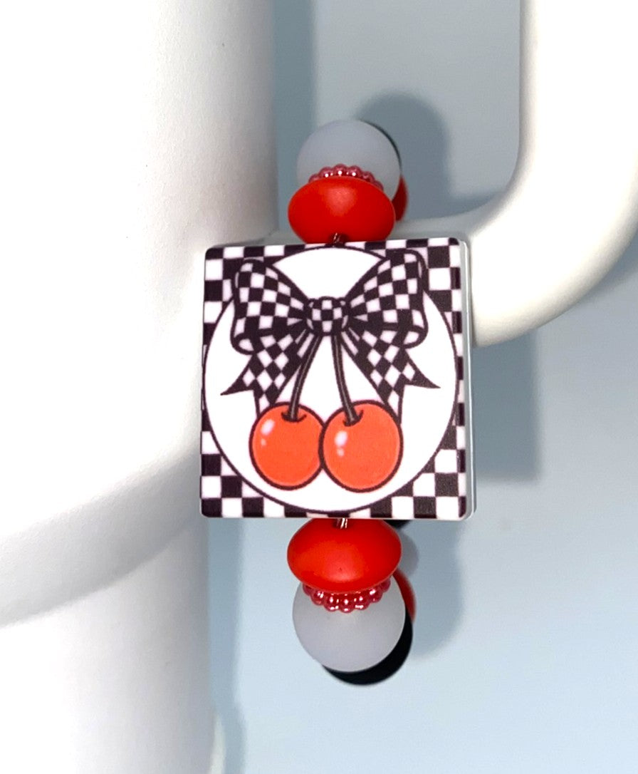 Checkered Cherries w/Bow Stanley Tumbler Cup Handle Charm